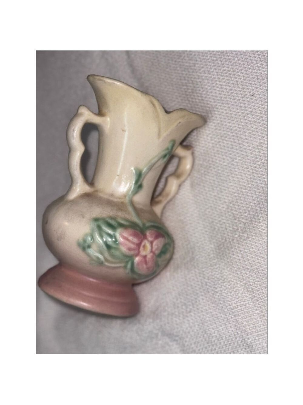 Vintage Vase Hull USA ceramic face two handles, pink base pink flower green ￼
